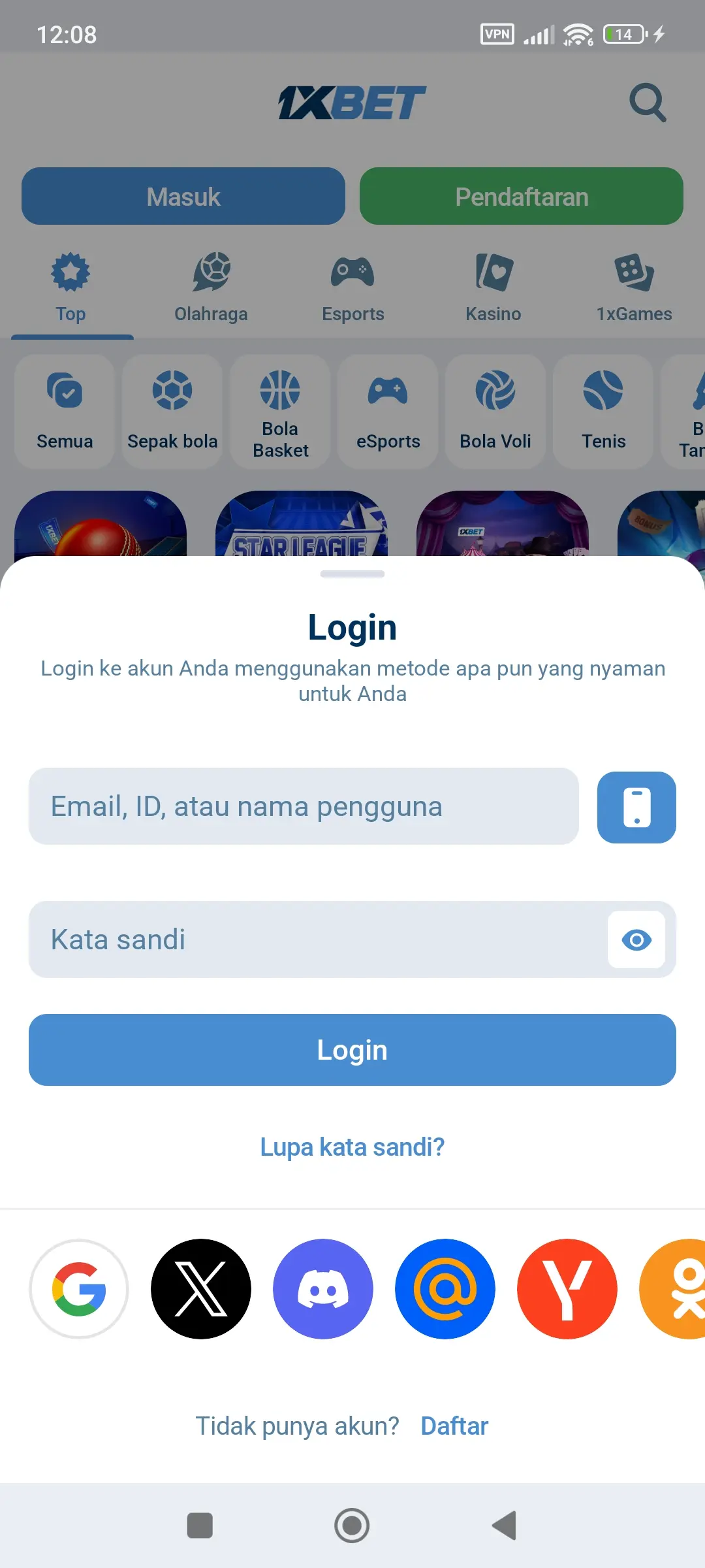 Form login 1xBet mobile