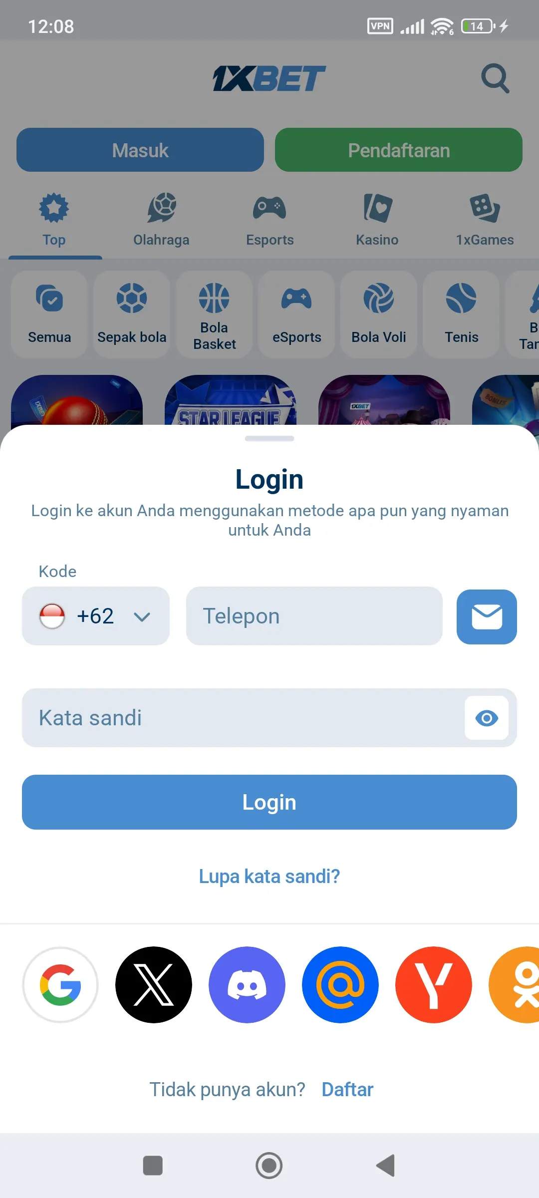 Login dengan nomor telepon di 1xBet mobile